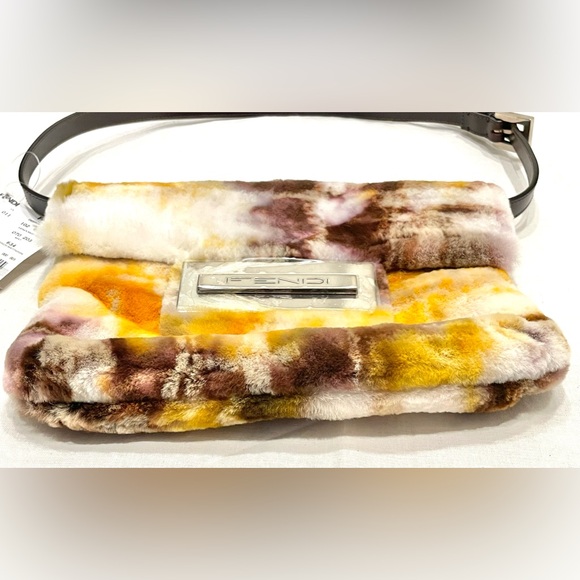 FENDI NWT RARE Fur Vintage Leather Multicolor Silver Yellow Small Baguette Purse - Picture 2 of 15